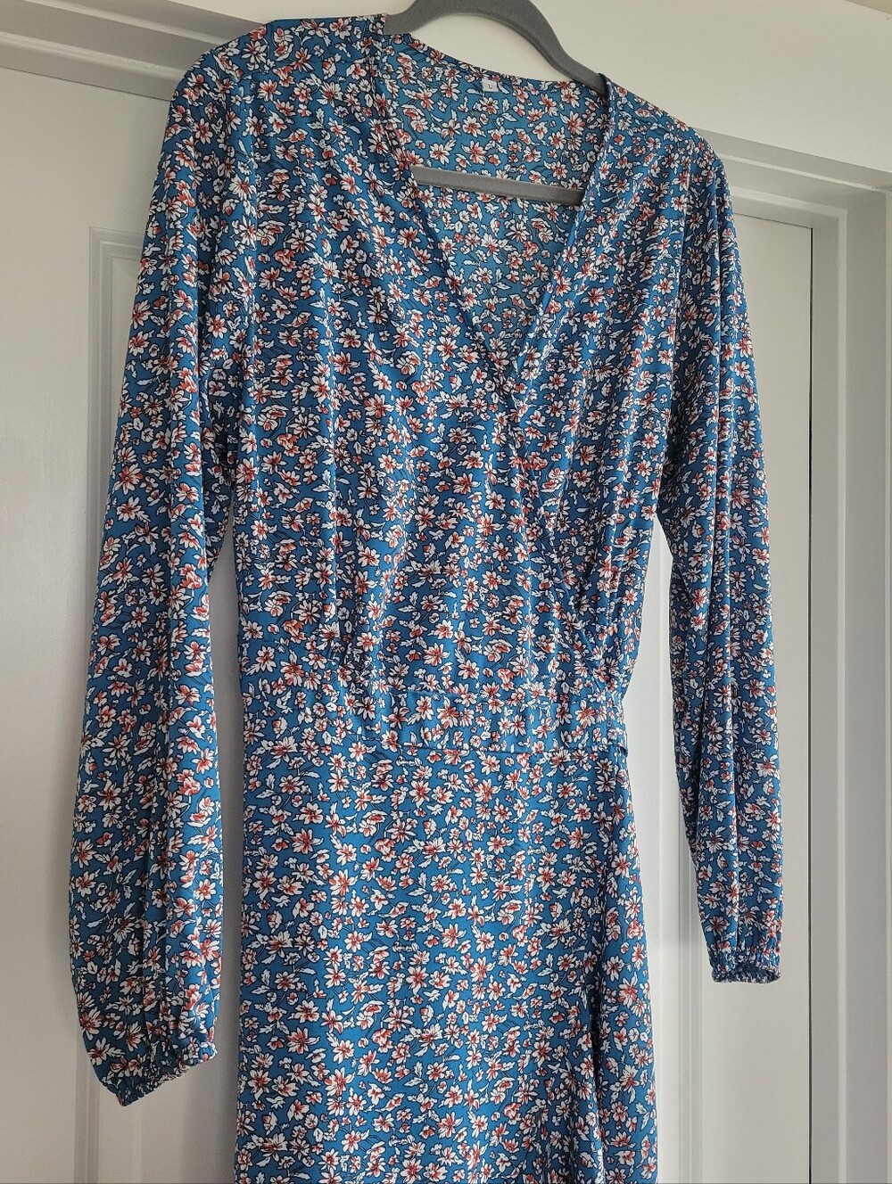Blue Floral Long-Sleeve Wrap Midi Dress - Picture 3 of 9